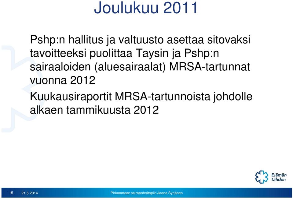 sairaaloiden (aluesairaalat) MRSA-tartunnat vuonna 2012