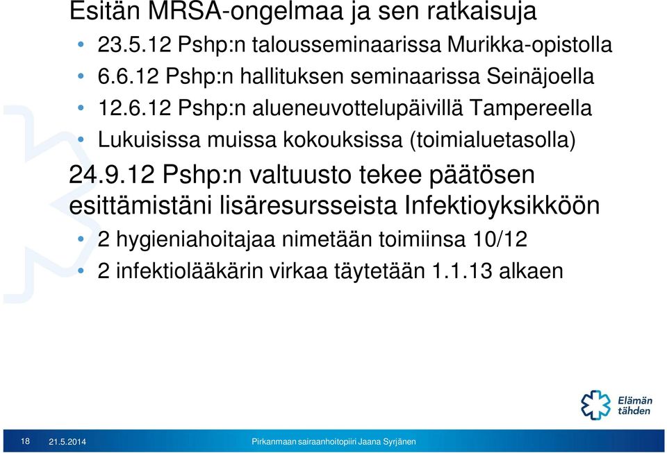 9.12 Pshp:n valtuusto tekee päätösen esittämistäni lisäresursseista Infektioyksikköön 2 hygieniahoitajaa