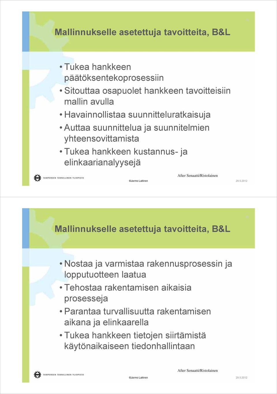 Senaatti/Ristolainen Mallinnukselle asetettuja tavoitteita, B&L 20 Nostaa ja varmistaa rakennusprosessin ja lopputuotteen laatua Tehostaa rakentamisen