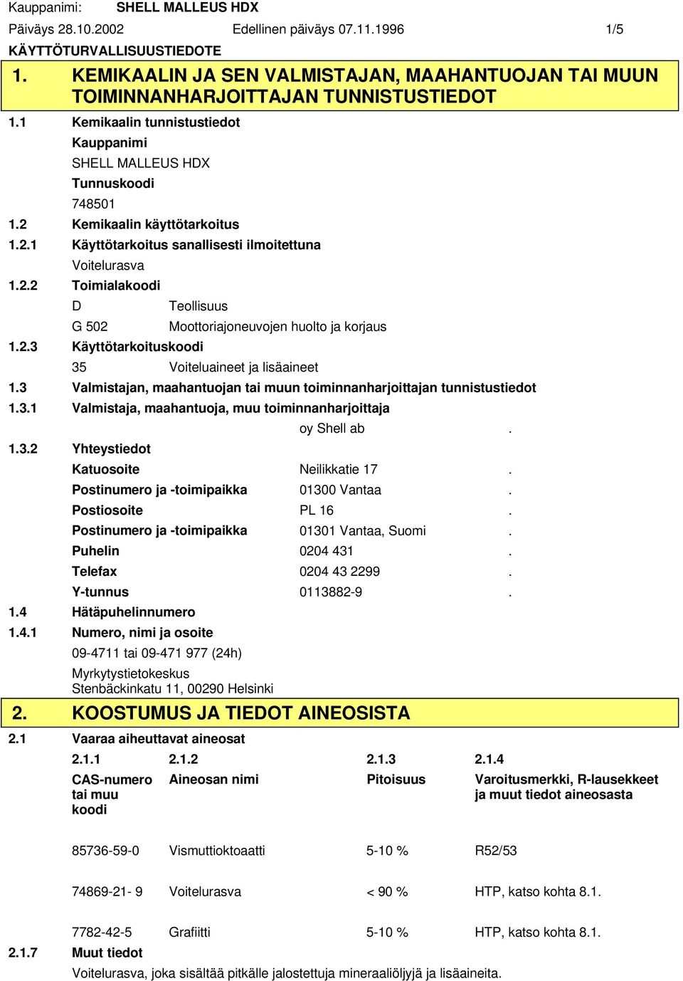 2.3 Käyttötarkoituskoodi 35 Voiteluaineet ja lisäaineet 1.3 Valmistajan, maahantuojan tai muun toiminnanharjoittajan tunnistustiedot 1.3.1 Valmistaja, maahantuoja, muu toiminnanharjoittaja oy Shell ab.