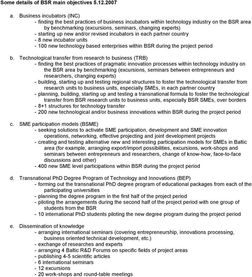 and/or revised incubators in each partner country - 8 new incubator units - 100 new technology based enterprises within BSR during the project period b.