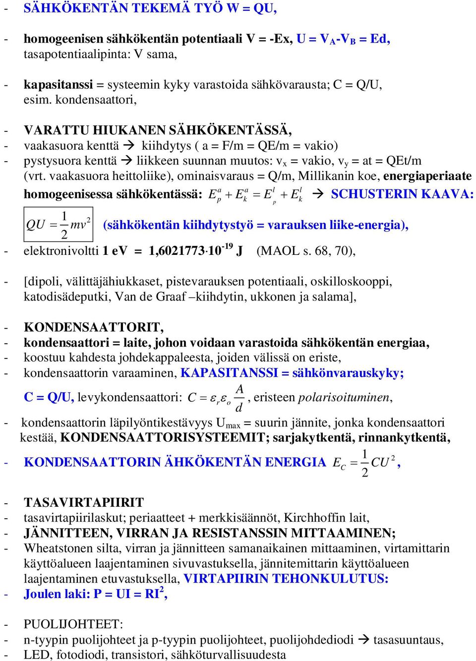 vaakasuora heittoliike), ominaisvaraus = Q/m, Millikanin koe, energiaperiaate a a l l homogeenisessa sähkökentässä: E + E = E + E SCHUSTERIN KAAVA: p k p k QU - elektronivoltti ev =,60773 0-9 J (MAOL