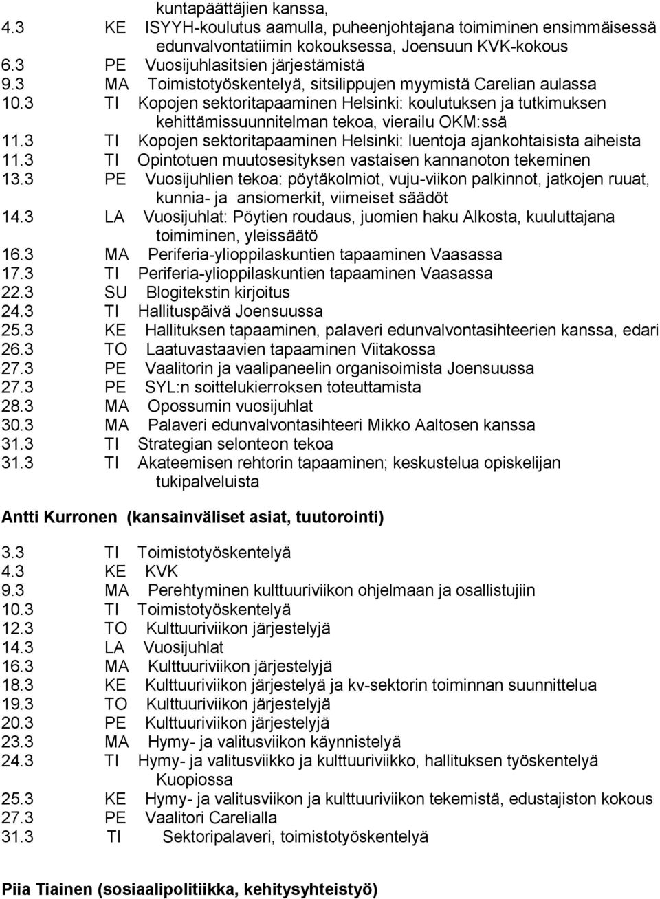 3 TI Kopojen sektoritapaaminen Helsinki: luentoja ajankohtaisista aiheista 11.3 TI Opintotuen muutosesityksen vastaisen kannanoton tekeminen 13.