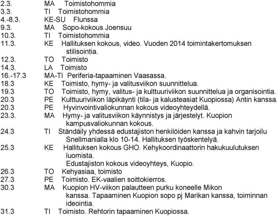 3 TO Toimisto, hymy, valitus- ja kulttuuriviikon suunnittelua ja organisointia. 20.3 PE Kulttuuriviikon läpikäynti (tila- ja kalusteasiat Kuopiossa) Antin kanssa. 20.3 PE Hyvinvointivaliokunnan kokous videoyhteydellä.