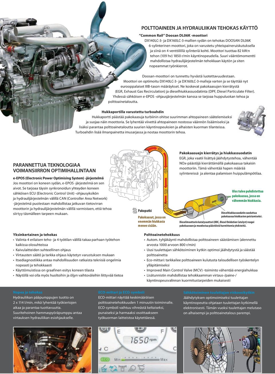 Suuri vääntömomentti mahdollistaa hydraulijärjestelmän tehokkaan käytön ja siten nopeammat työnkierrot. Doosan-moottori on tunnettu hyvästä luotettavuudestaan.