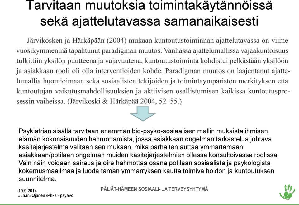 parhaiten auttaa ymmärtämään asiakkaan/potilaan ongelman muiden käsitejärjestelmien ollessa konsultoivassa roolissa.