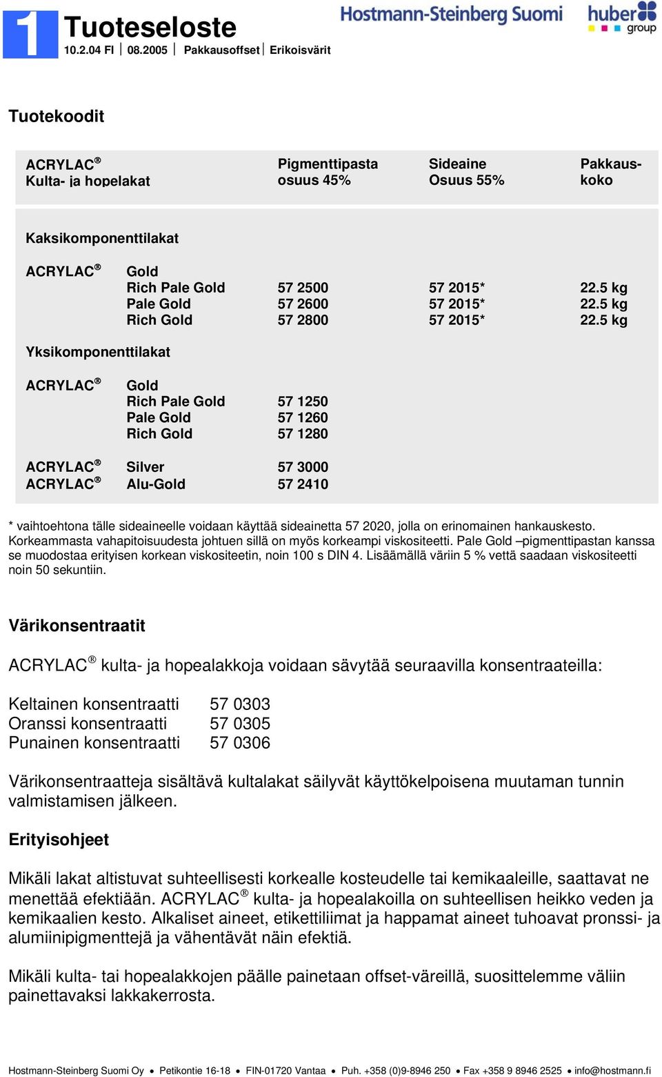 5 kg Yksikomponenttilakat Gold Rich Pale Gold 57 1250 Pale Gold 57 1260 Rich Gold 57 1280 Silver 57 3000 Alu-Gold 57 2410 * vaihtoehtona tälle sideaineelle voidaan käyttää sideainetta 57 2020, jolla