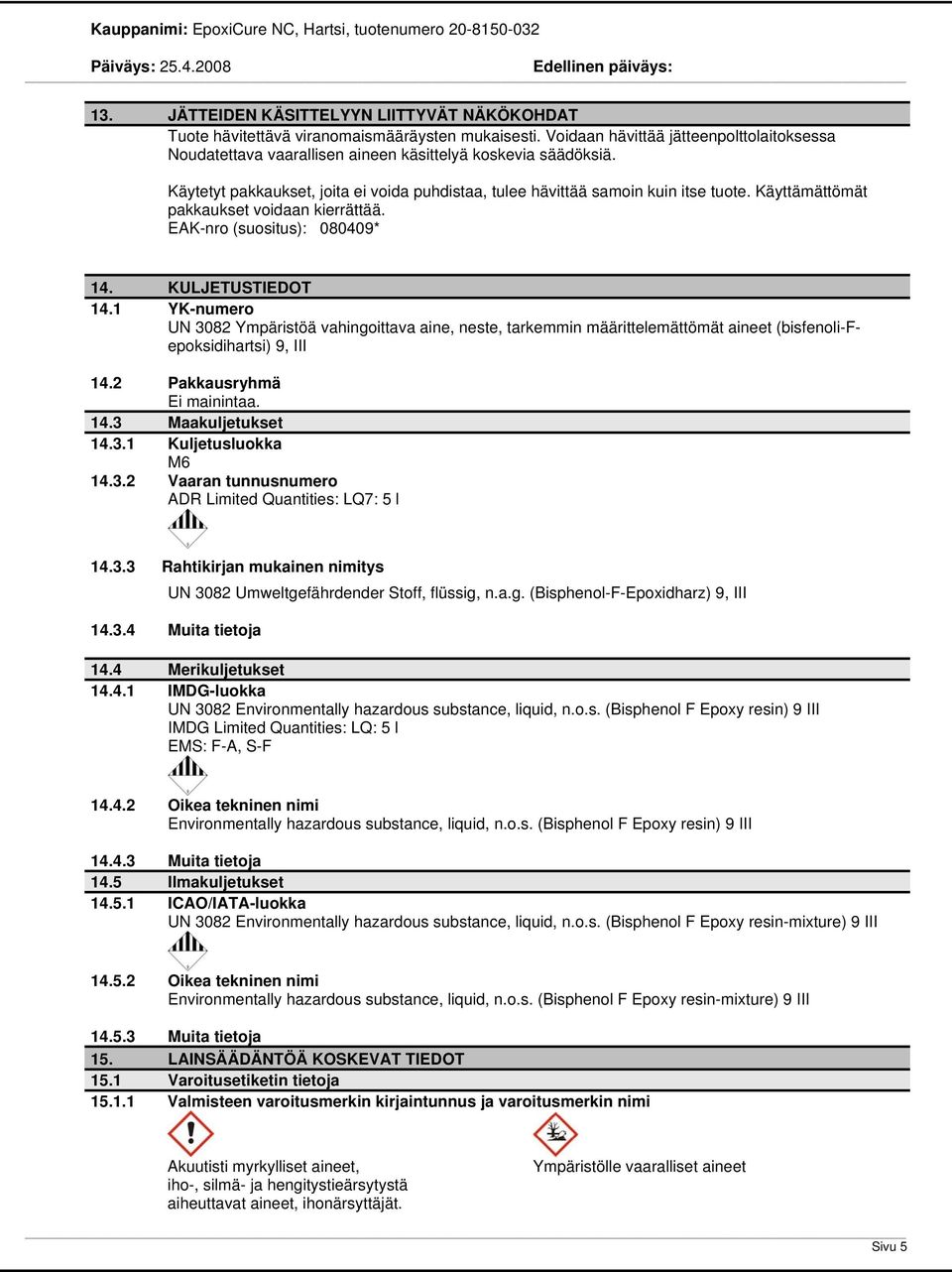 Käyttämättömät pakkaukset voidaan kierrättää. EAK-nro (suositus): 080409* 14. KULJETUSTIEDOT 14.