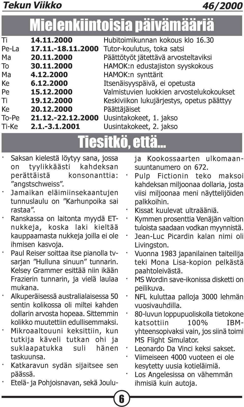 12.2000 Päättäjäiset To-Pe 21.12.-22.12.2000 Uusintakokeet, 1. jakso Ti-Ke 2.1.-3.1.2001 Uusintakokeet, 2. jakso Tiesitkö, että.