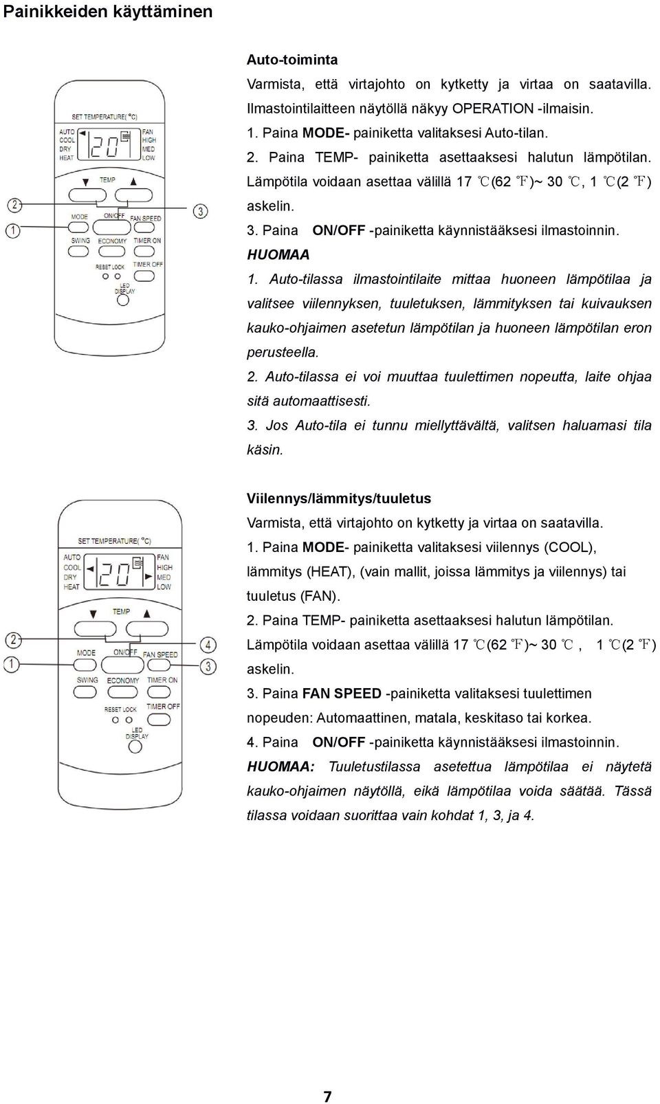 , 1 (2 ) askelin. 3. Paina ON/OFF -painiketta käynnistääksesi ilmastoinnin. HUOMAA 1.