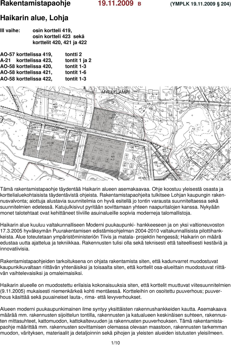 2009 204) Haikarin alue, Lohja III vaihe: osin kortteli 419, osin kortteli 423 sekä korttelit 420, 421 ja 422 AO-57 korttelissa 419, tontti 2 A-21 korttelissa 423, tontit 1 ja 2 AO-58 korttelissa