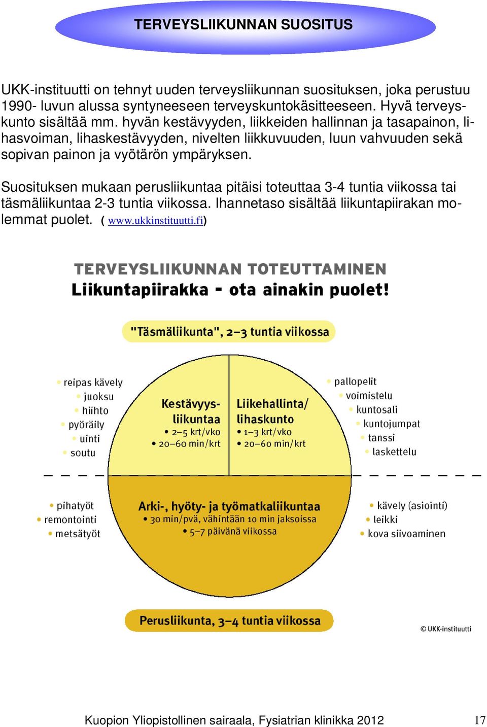 hyvän kestävyyden, liikkeiden hallinnan ja tasapainon, lihasvoiman, lihaskestävyyden, nivelten liikkuvuuden, luun vahvuuden sekä sopivan painon ja