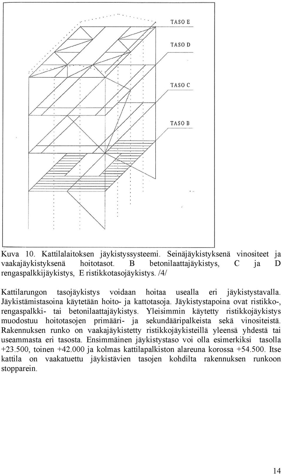 Jäykistystapoina ovat ristikko-, rengaspalkki- tai betonilaattajäykistys. Yleisimmin käytetty ristikkojäykistys muodostuu hoitotasojen primääri- ja sekundääripalkeista sekä vinositeistä.