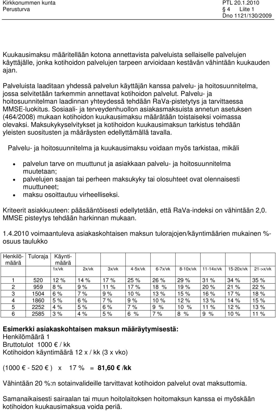 Palvelu- ja hoitosuunnitelman laadinnan yhteydessä tehdään RaVa-pistetytys ja tarvittaessa MMSE-luokitus.