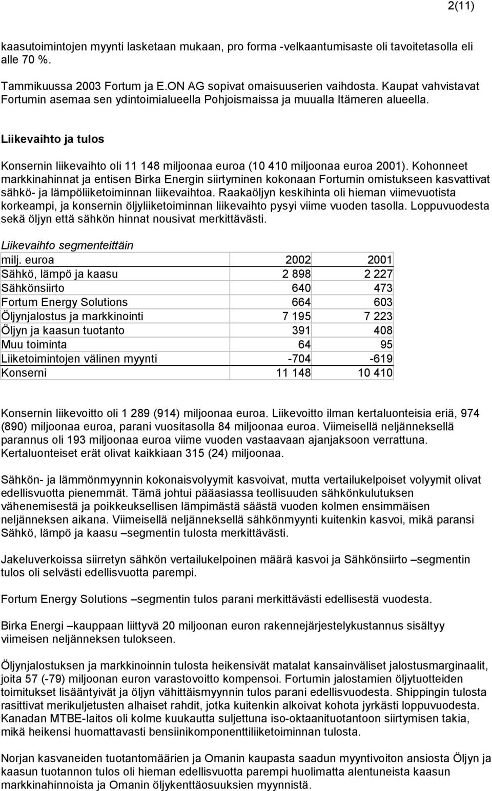 Liikevaihto ja tulos Konsernin liikevaihto oli 11 148 miljoonaa euroa (10 410 miljoonaa euroa 2001).