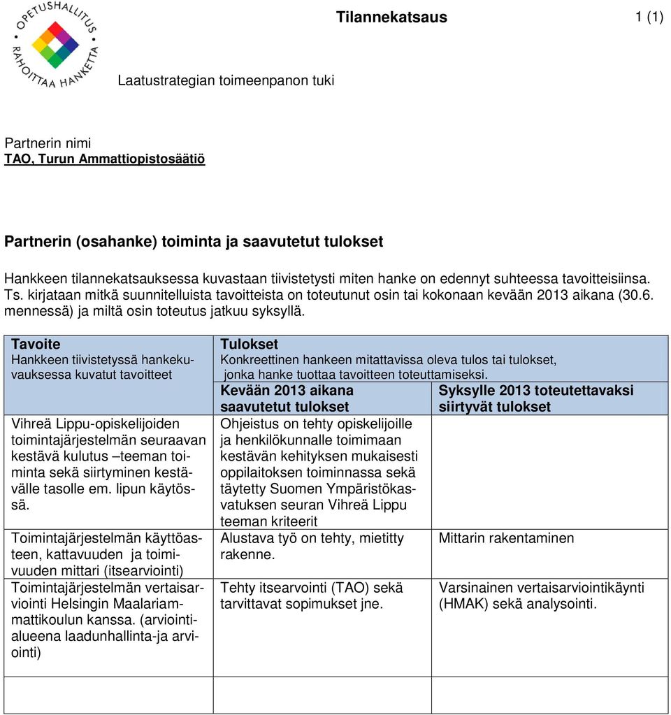 lipun käytössä. Toimintajärjestelmän käyttöasteen, kattavuuden ja toimivuuden mittari (itsearviointi) Toimintajärjestelmän vertaisarviointi Helsingin Maalariammattikoulun kanssa.