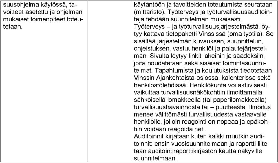 Se sisältää järjestelmän kuvauksen, suunnittelun, ohjeistuksen, vastuuhenkilöt ja palautejärjestelmän.