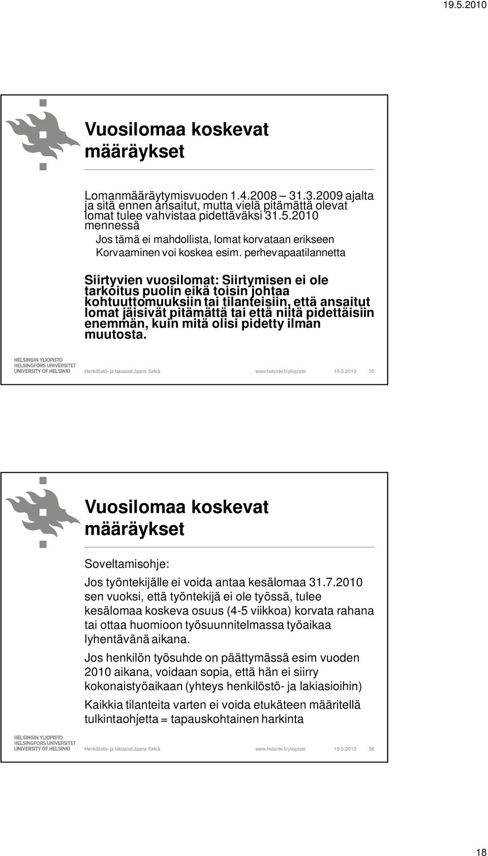 perhevapaatilannetta Siirtyvien vuosilomat: Siirtymisen ei ole tarkoitus puolin eikä toisin johtaa kohtuuttomuuksiin tai tilanteisiin, että ansaitut lomat jäisivät pitämättä tai että niitä