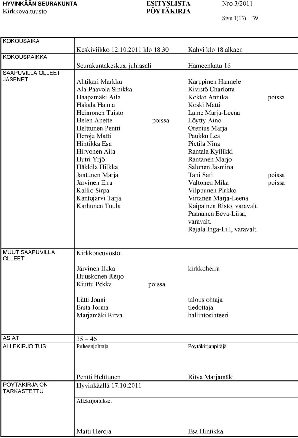 Esa Hirvonen Aila Hutri Yrjö Häkkilä Hilkka Jantunen Marja Järvinen Eira Kallio Sirpa Kantojärvi Tarja Karhunen Tuula poissa Karppinen Hannele Kivistö Charlotta Kokko Annika Koski Matti Laine