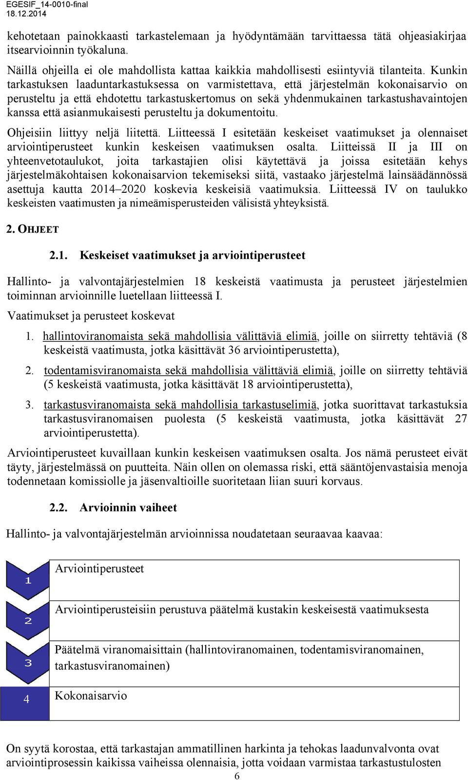 asianmukaisesti perusteltu ja dokumentoitu. Ohjeisiin liittyy neljä liitettä. Liitteessä I esitetään keskeiset vaatimukset ja olennaiset arviointiperusteet kunkin keskeisen vaatimuksen osalta.