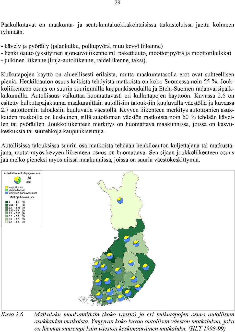 Kulkutapojen käyttö on alueellisesti erilaista, mutta maakuntatasolla erot ovat suhteellisen pieniä. Henkilöauton osuus kaikista tehdyistä matkoista on koko Suomessa noin 55 %.