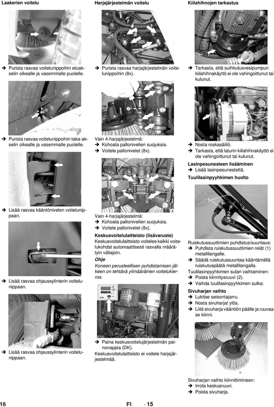 Vain 4-harjajärjestelmä: Kohoata pallonivelien suojuksia. Voitele pallonivelet (8x). Tarkasta, että laturin kiilahihnakäyttö ei ole vahingoittunut tai kulunut.