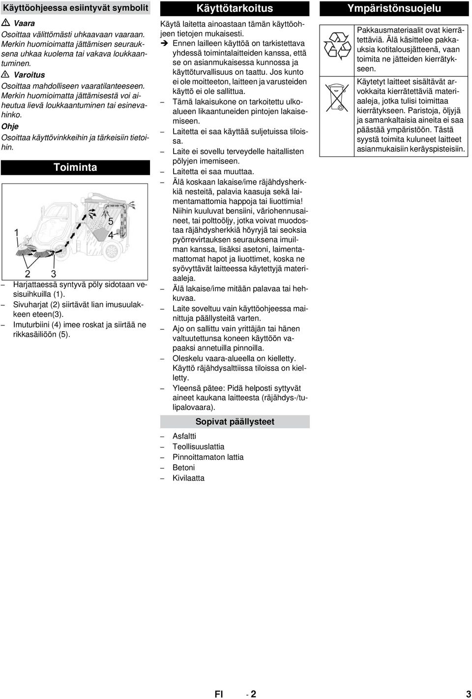 Toiminta Harjattaessä syntyvä pöly sidotaan vesisuihkuilla (1). Sivuharjat (2) siirtävät lian imusuulakkeen eteen(3). Imuturbiini (4) imee roskat ja siirtää ne rikkasäiliöön (5).