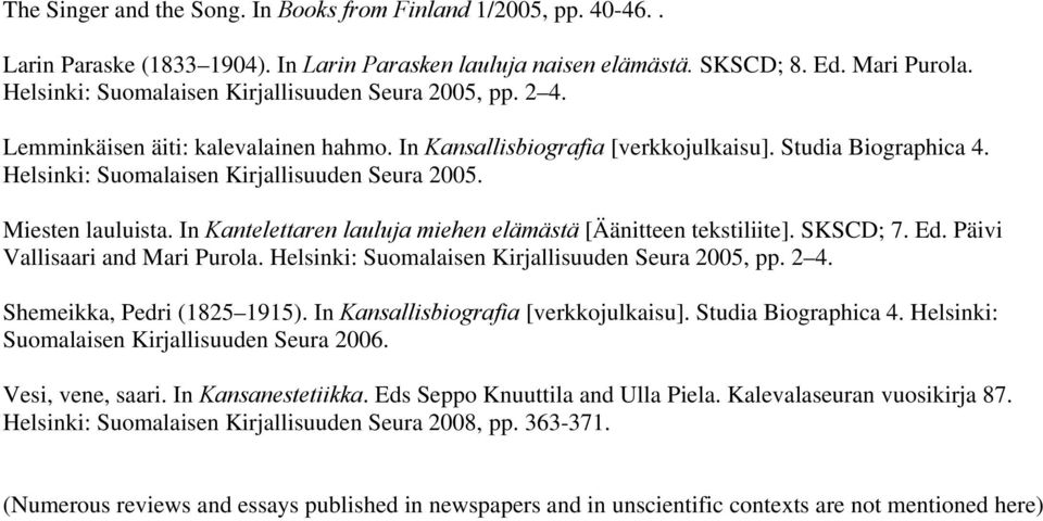 Helsinki: Suomalaisen Kirjallisuuden Seura 2005. Miesten lauluista. In Kantelettaren lauluja miehen elämästä [Äänitteen tekstiliite]. SKSCD; 7. Ed. Päivi Vallisaari and Mari Purola.