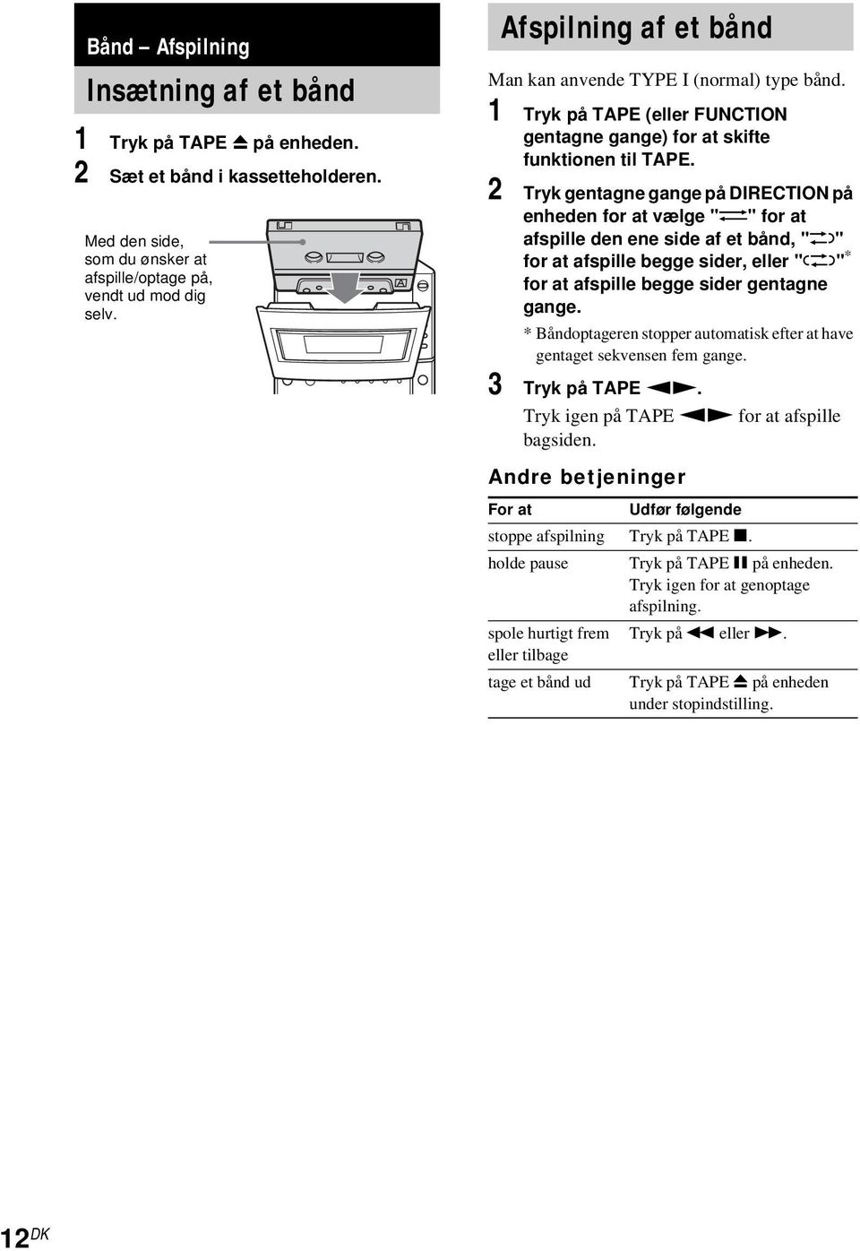 2 Tryk gentagne gange på DIRECTION på enheden for at vælge "g" for at afspille den ene side af et bånd, "h" for at afspille begge sider, eller "j" * for at afspille begge sider gentagne gange.