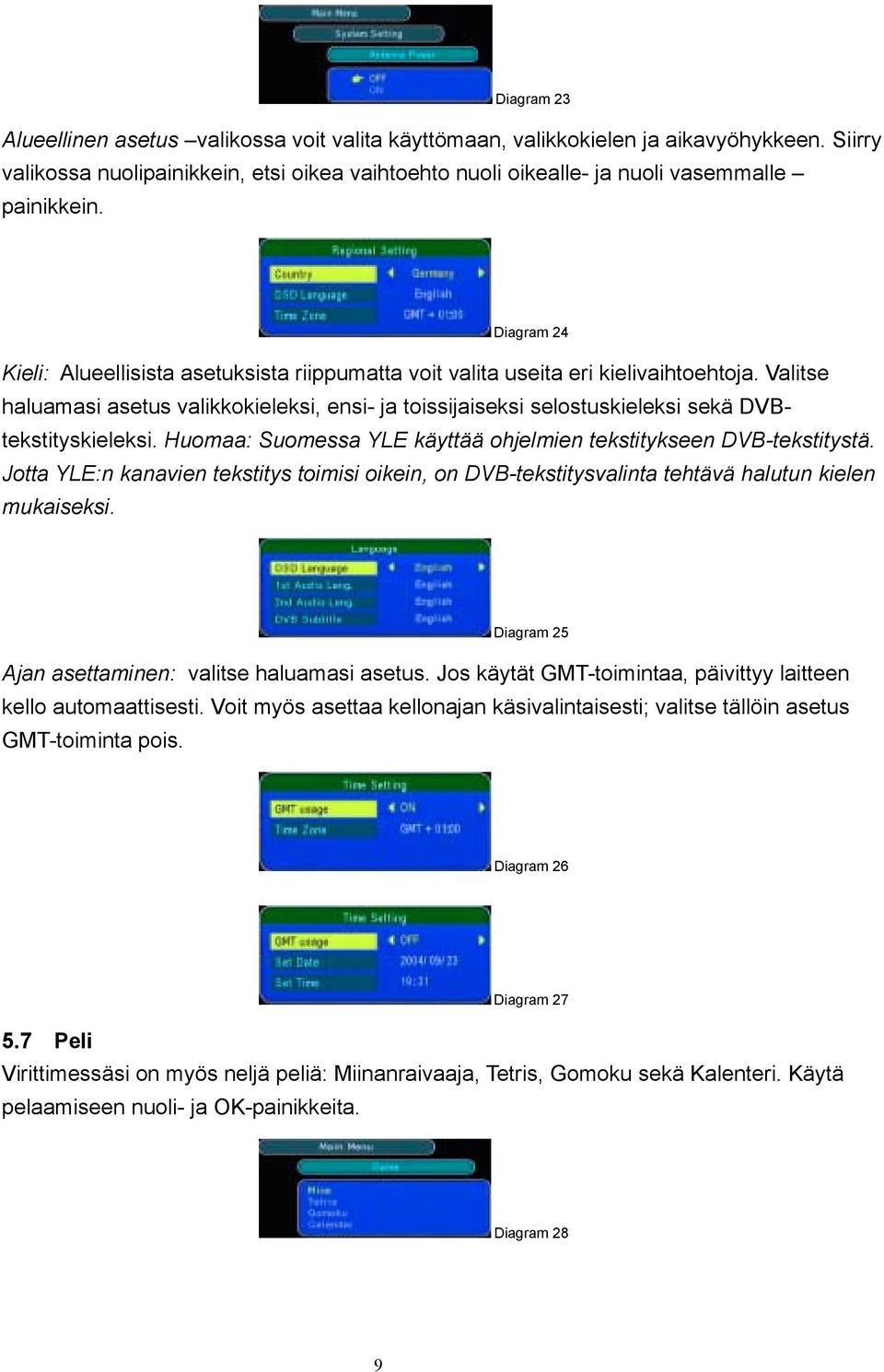 Valitse haluamasi asetus valikkokieleksi, ensi- ja toissijaiseksi selostuskieleksi sekä DVBtekstityskieleksi. Huomaa: Suomessa YLE käyttää ohjelmien tekstitykseen DVB-tekstitystä.