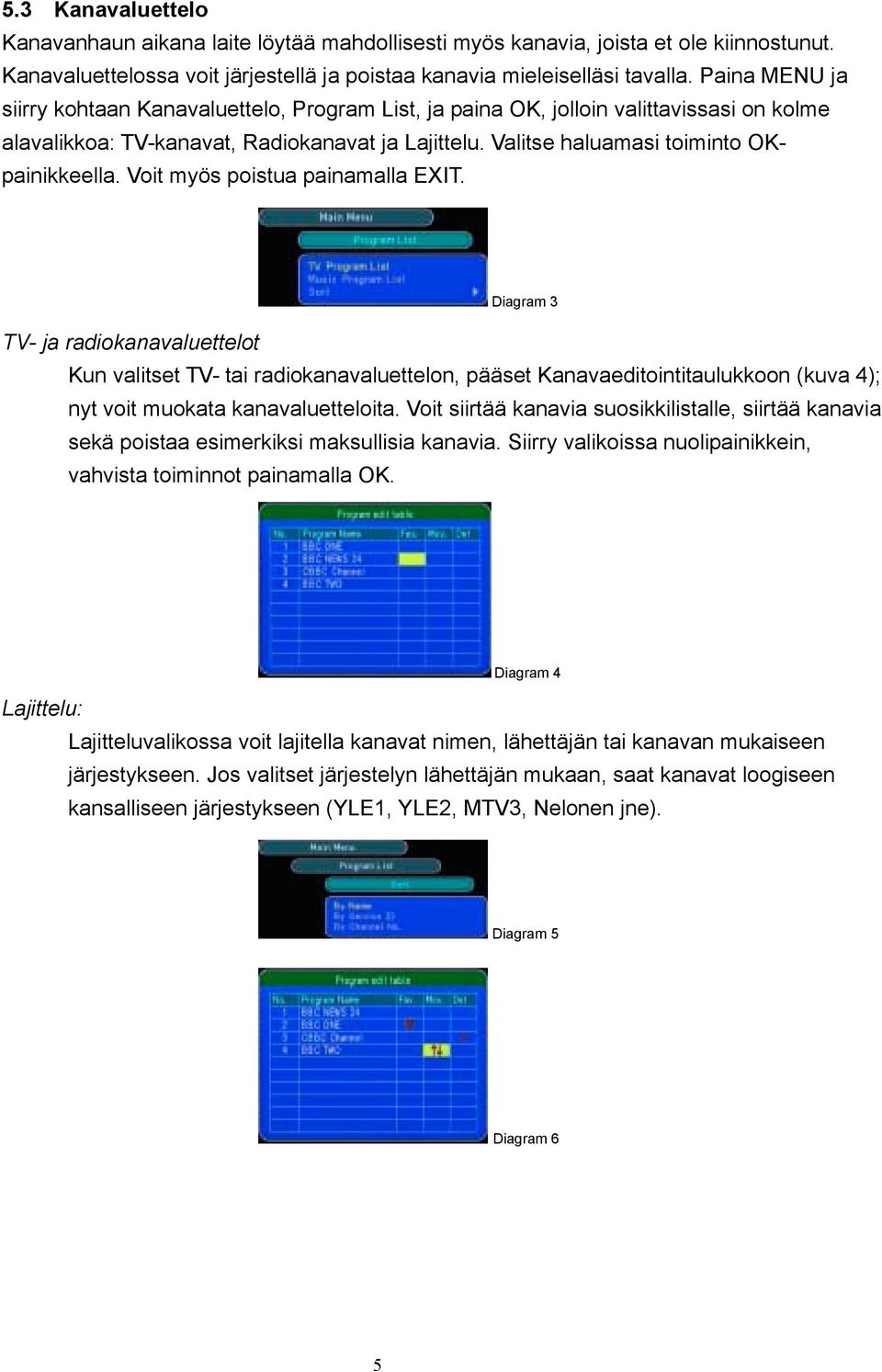 Voit myös poistua painamalla EXIT. Diagram 3 TV- ja radiokanavaluettelot Kun valitset TV- tai radiokanavaluettelon, pääset Kanavaeditointitaulukkoon (kuva 4); nyt voit muokata kanavaluetteloita.