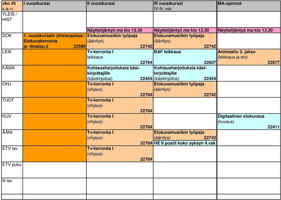 jakso leikkaus (leikkaus ja etv) 22764 22677 KÄSIK Kohtausharjoituksia käsi- Kohtausharjoituksia käsikirjoittajille kirjoittajille (käsikirjoitus) 22454 (käsikirjoitus) 22454 OHJ Tv-kerronta I