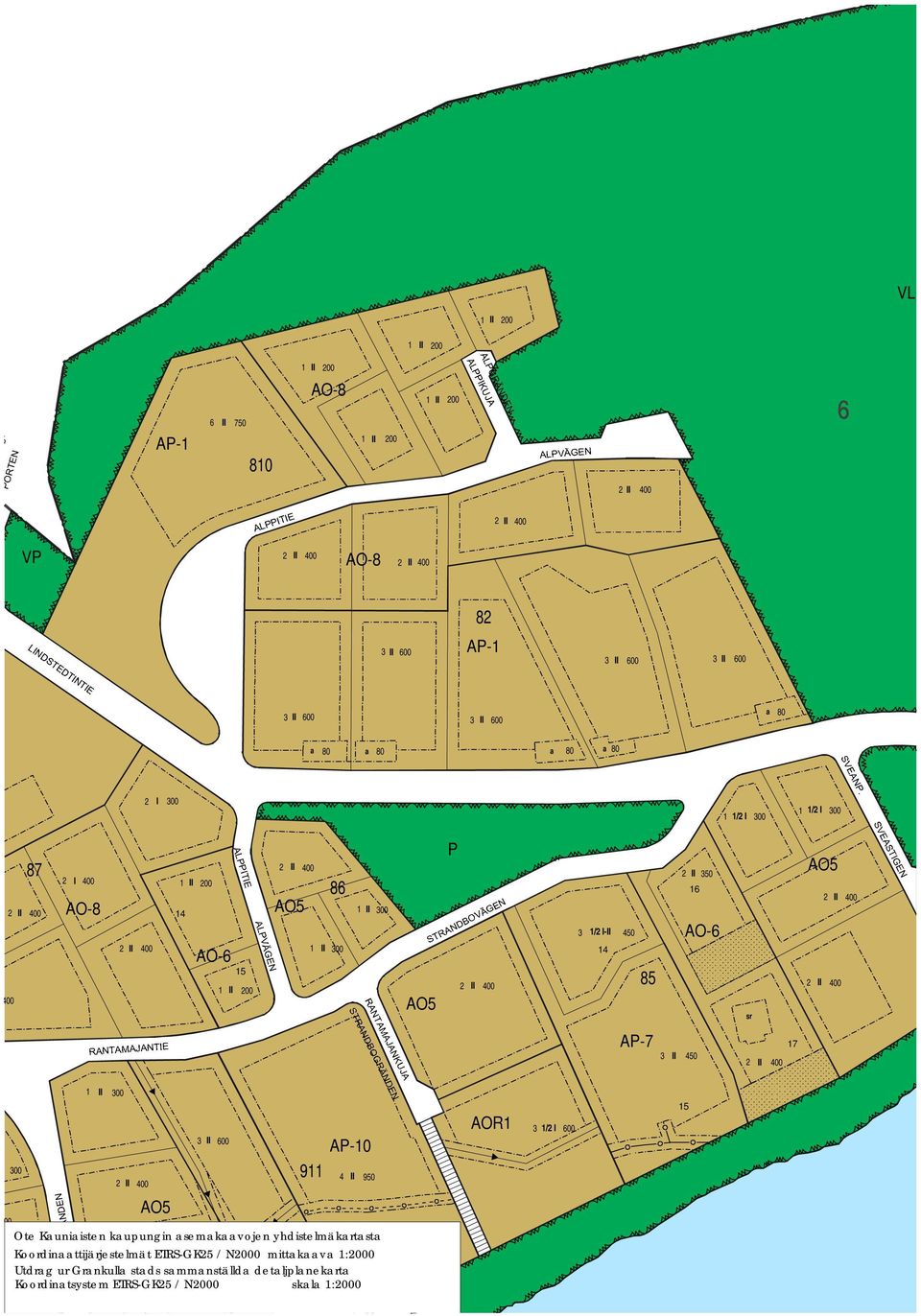 00 Ote Kauniaisten aupungin asemaaavojen yhdistemäartasta Koordinatijärjestemät ETRS-GK / N000