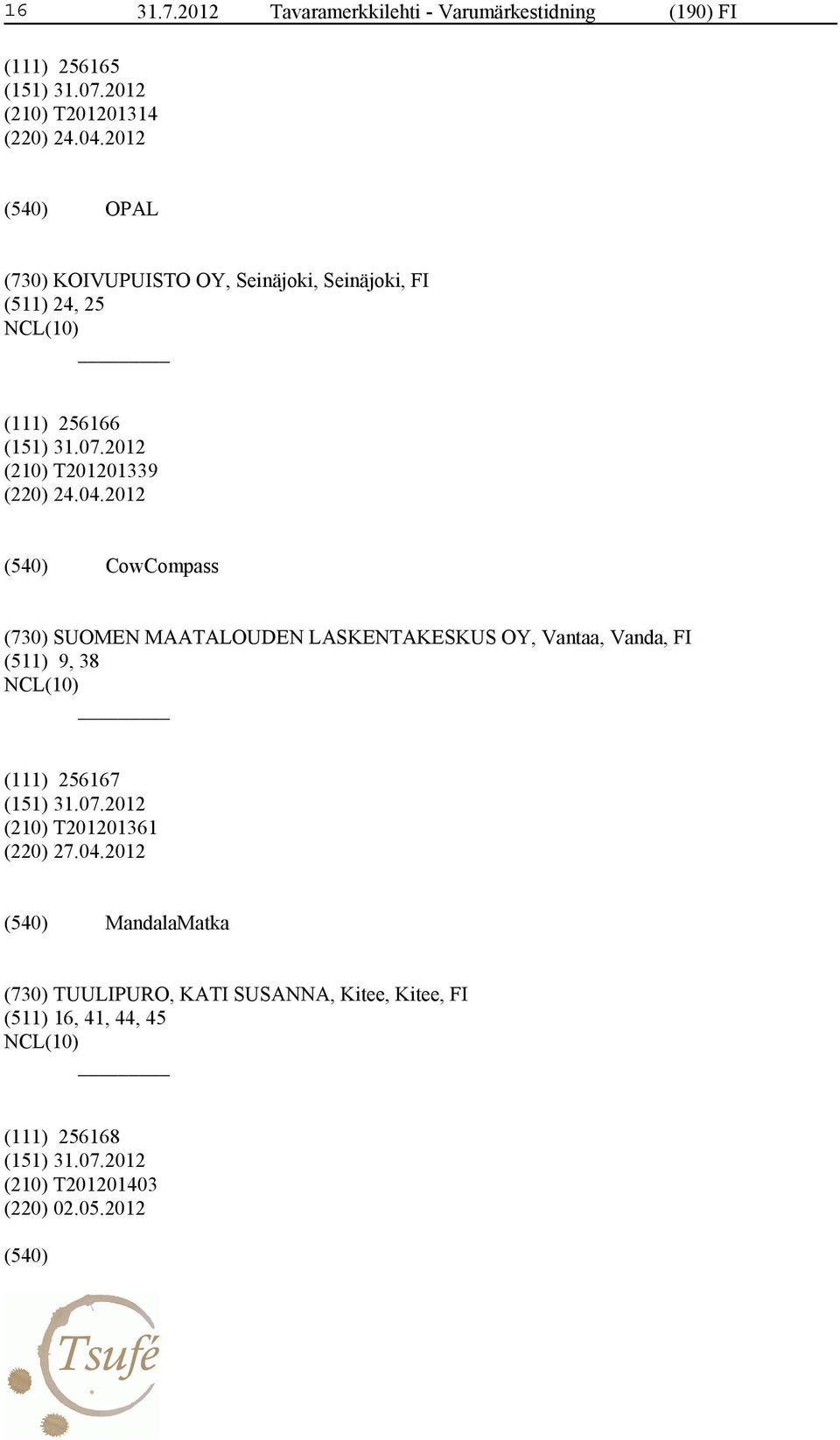 2012 CowCompass (730) SUOMEN MAATALOUDEN LASKENTAKESKUS OY, Vantaa, Vanda, FI (511) 9, 38 (111) 256167 (210) T201201361