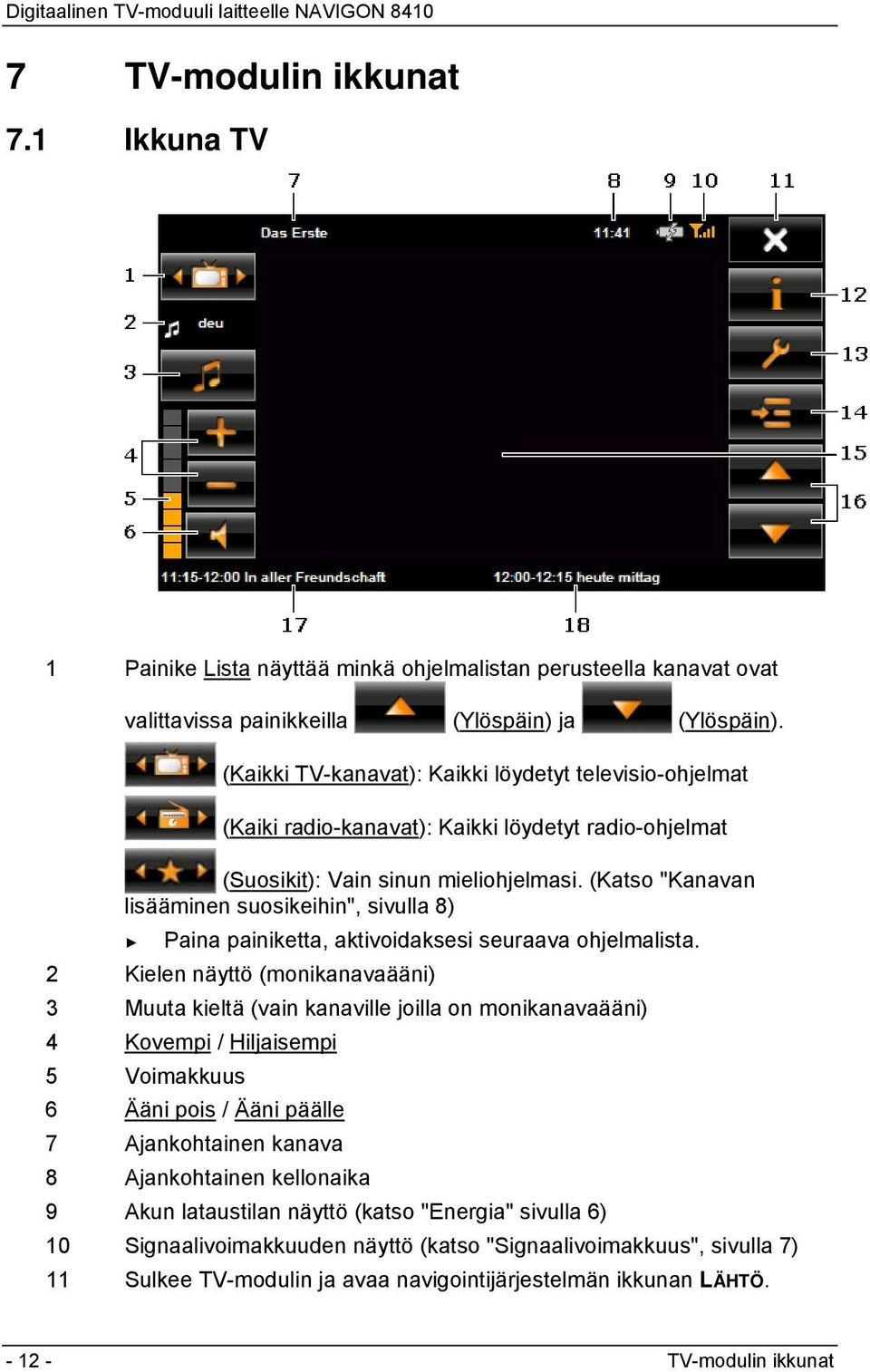 (Katso "Kanavan lisääminen suosikeihin", sivulla 8) Paina painiketta, aktivoidaksesi seuraava ohjelmalista.