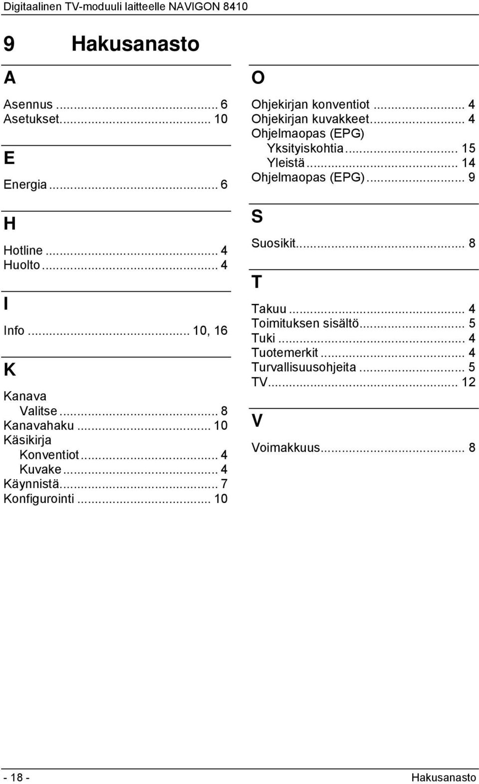 .. 4 Ohjekirjan kuvakkeet... 4 Ohjelmaopas (EPG) Yksityiskohtia... 15 Yleistä... 14 Ohjelmaopas (EPG)... 9 S Suosikit.