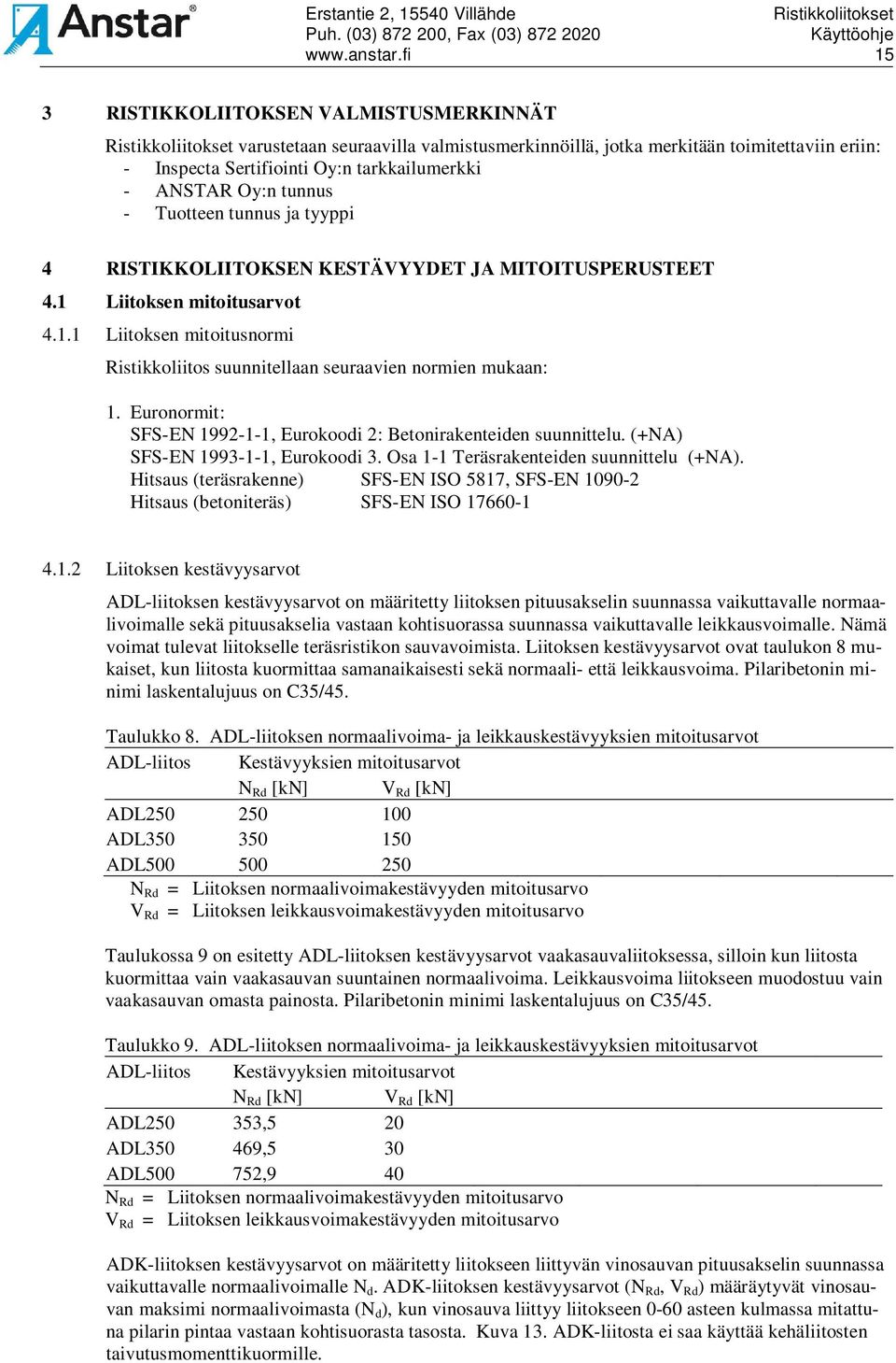 ANSTAR Oy:n tunnus - Tuotteen tunnus ja tyyppi 4 RISTIKKOLIITOKSEN KESTÄVYYDET JA MITOITUSPERUSTEET 4.1 Liitoksen mitoitusarvot 4.1.1 Liitoksen mitoitusnormi Ristikkoliitos suunnitellaan seuraavien normien mukaan: 1.