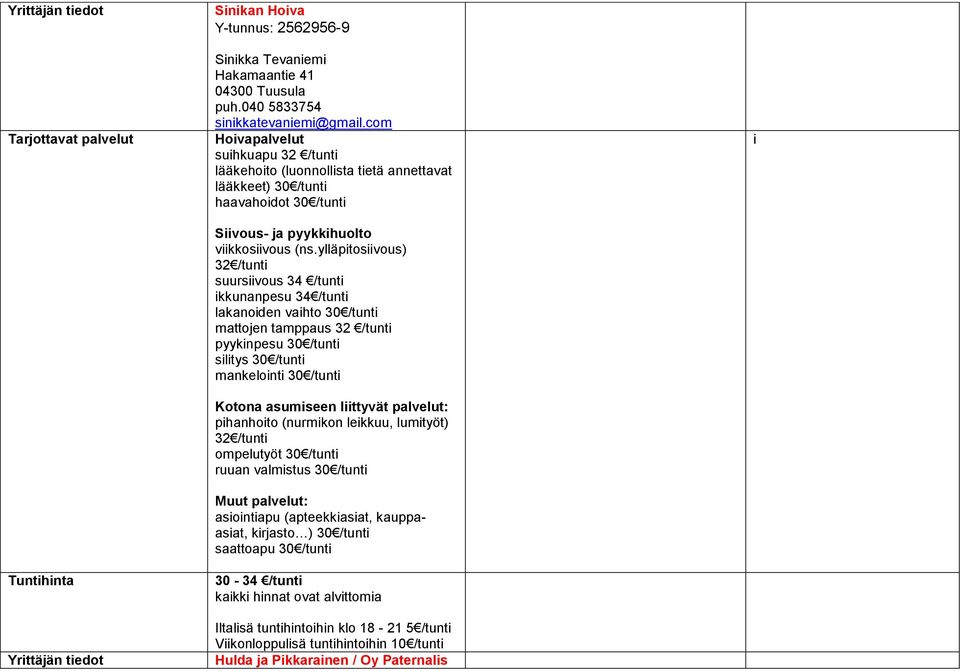 ylläpitosiivous) 32 /tunti suursiivous 34 /tunti ikkunanpesu 34 /tunti lakanoiden vaihto 30 /tunti mattojen tamppaus 32 /tunti pyykinpesu 30 /tunti silitys 30 /tunti mankelointi 30 /tunti Kotona