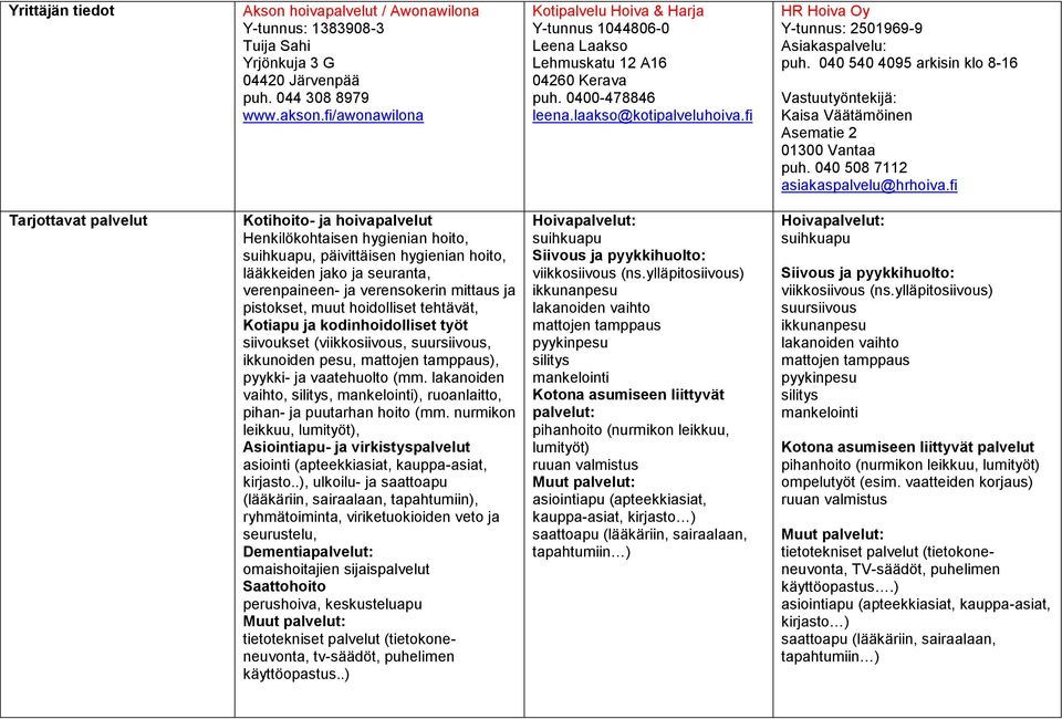 fi HR Hoiva Oy Y-tunnus: 2501969-9 Asiakaspalvelu: puh. 040 540 4095 arkisin klo 8-16 Vastuutyöntekijä: Kaisa Väätämöinen Asematie 2 01300 Vantaa puh. 040 508 7112 asiakaspalvelu@hrhoiva.