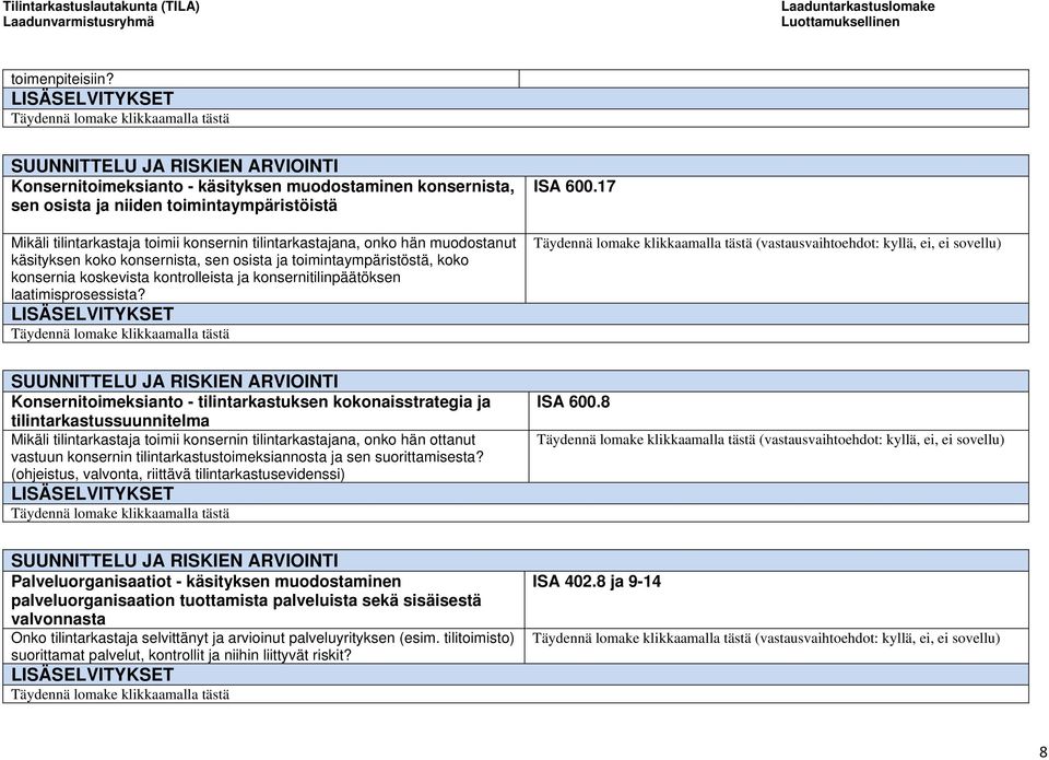 konsernista, sen osista ja toimintaympäristöstä, koko konsernia koskevista kontrolleista ja konsernitilinpäätöksen laatimisprosessista? ISA 600.