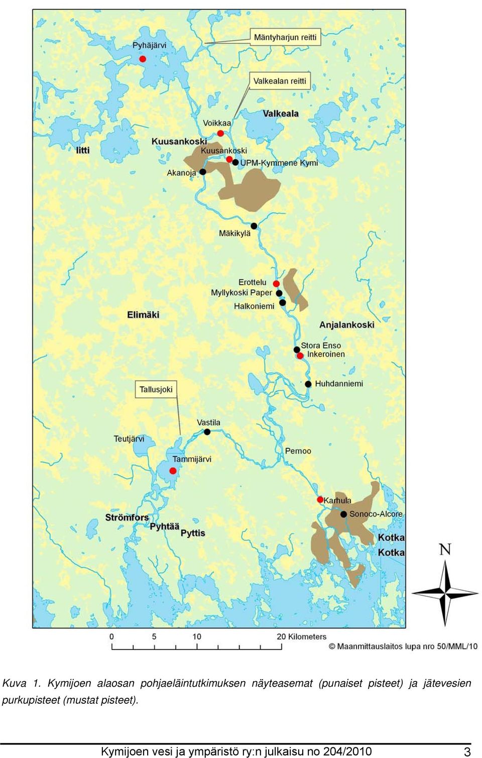 näyteasemat (punaiset pisteet) ja jätevesien