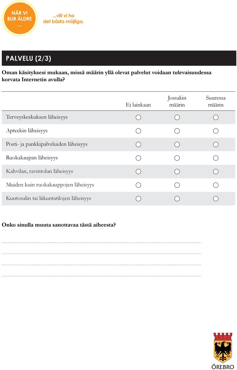 Ei lainkaan Jossakin määrin Suuressa määrin Terveyskeskuksen läheisyys Apteekin läheisyys Posti- ja