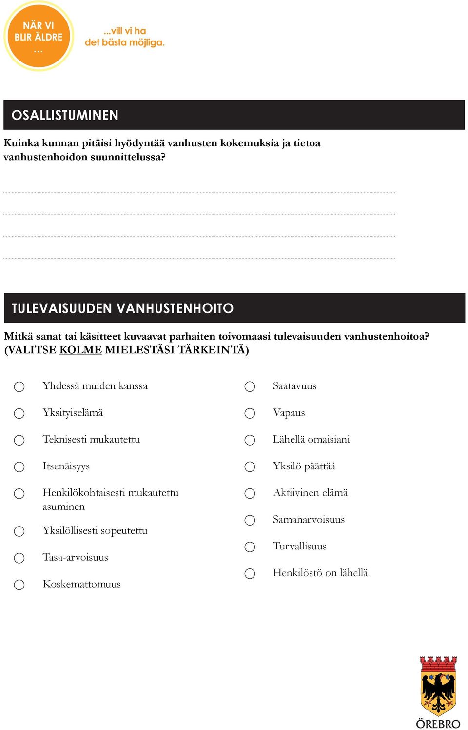 (VALITSE KOLME MIELESTÄSI TÄRKEINTÄ) Yhdessä muiden kanssa Yksityiselämä Teknisesti mukautettu Itsenäisyys Henkilökohtaisesti