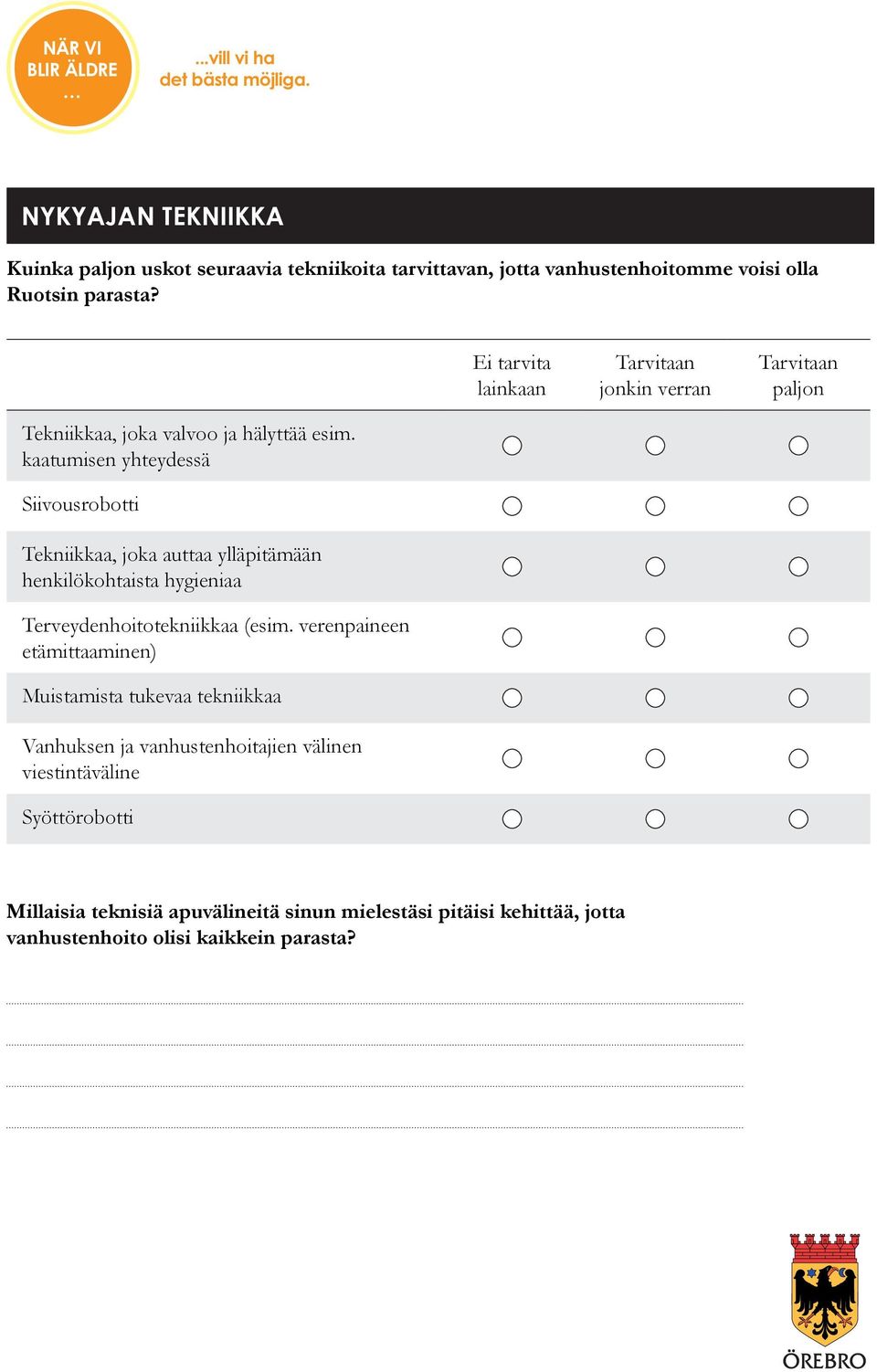 kaatumisen yhteydessä Siivousrobotti Tekniikkaa, joka auttaa ylläpitämään henkilökohtaista hygieniaa Terveydenhoitotekniikkaa (esim.