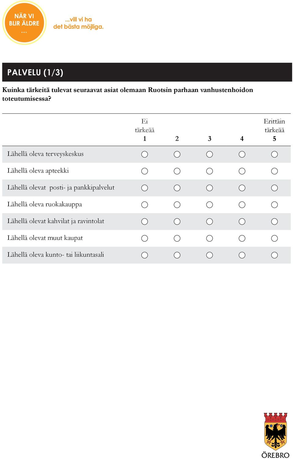 Ei tärkeää 1 2 3 4 Erittäin tärkeää 5 Lähellä oleva terveyskeskus Lähellä oleva apteekki