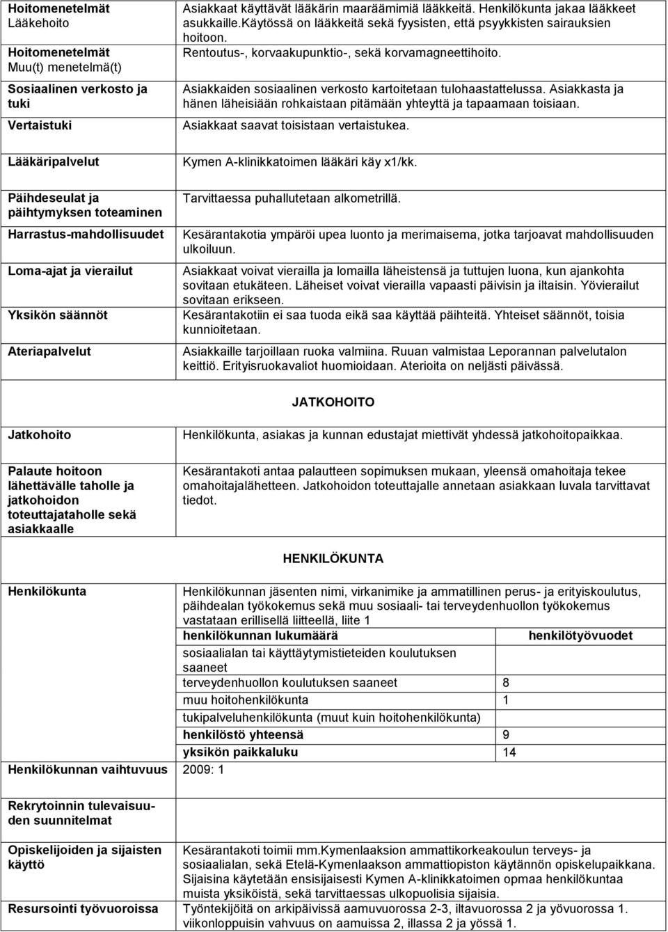 Rentoutus-, korvaakupunktio-, sekä korvamagneettihoito. Asiakkaiden sosiaalinen verkosto kartoitetaan tulohaastattelussa.