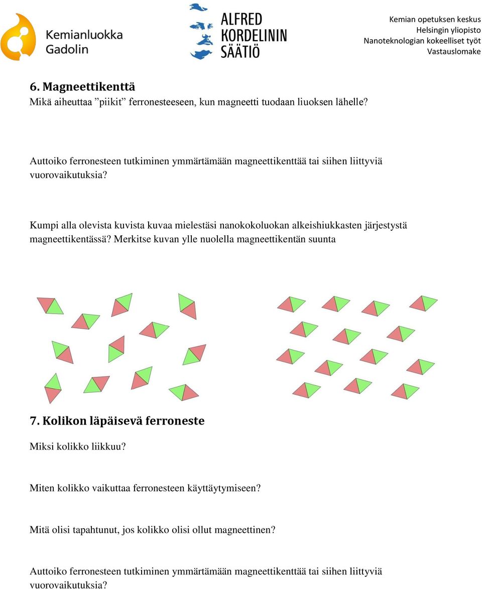 Kumpi alla olevista kuvista kuvaa mielestäsi nanokokoluokan alkeishiukkasten järjestystä magneettikentässä?