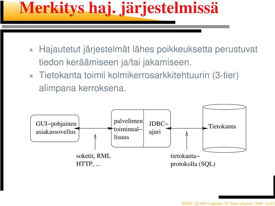 jakamiseen. Tietokanta toimii kolmikerrosarkkitehtuurin (3-tier) alimpana kerroksena.