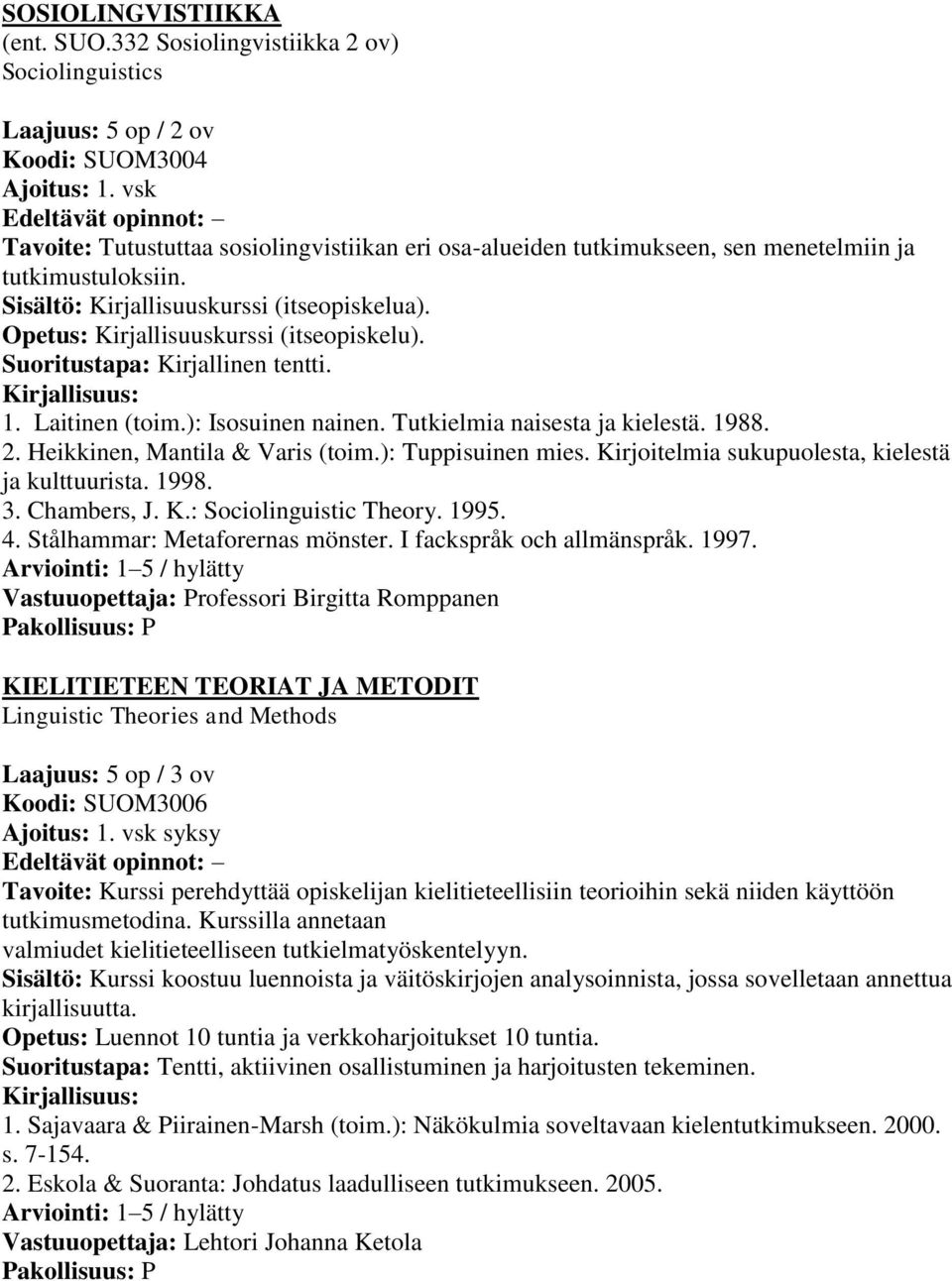 Suoritustapa: Kirjallinen tentti. 1. Laitinen (toim.): Isosuinen nainen. Tutkielmia naisesta ja kielestä. 1988. 2. Heikkinen, Mantila & Varis (toim.): Tuppisuinen mies.