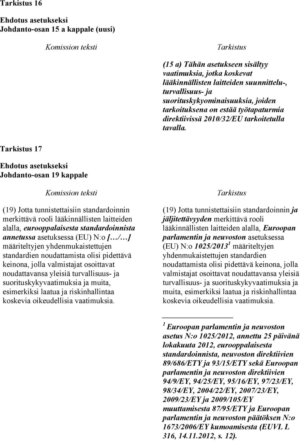 17 Johdanto-osan 19 kappale (19) Jotta tunnistettaisiin standardoinnin merkittävä rooli lääkinnällisten laitteiden alalla, eurooppalaisesta standardoinnista annetussa asetuksessa (EU) N:o [ / ]